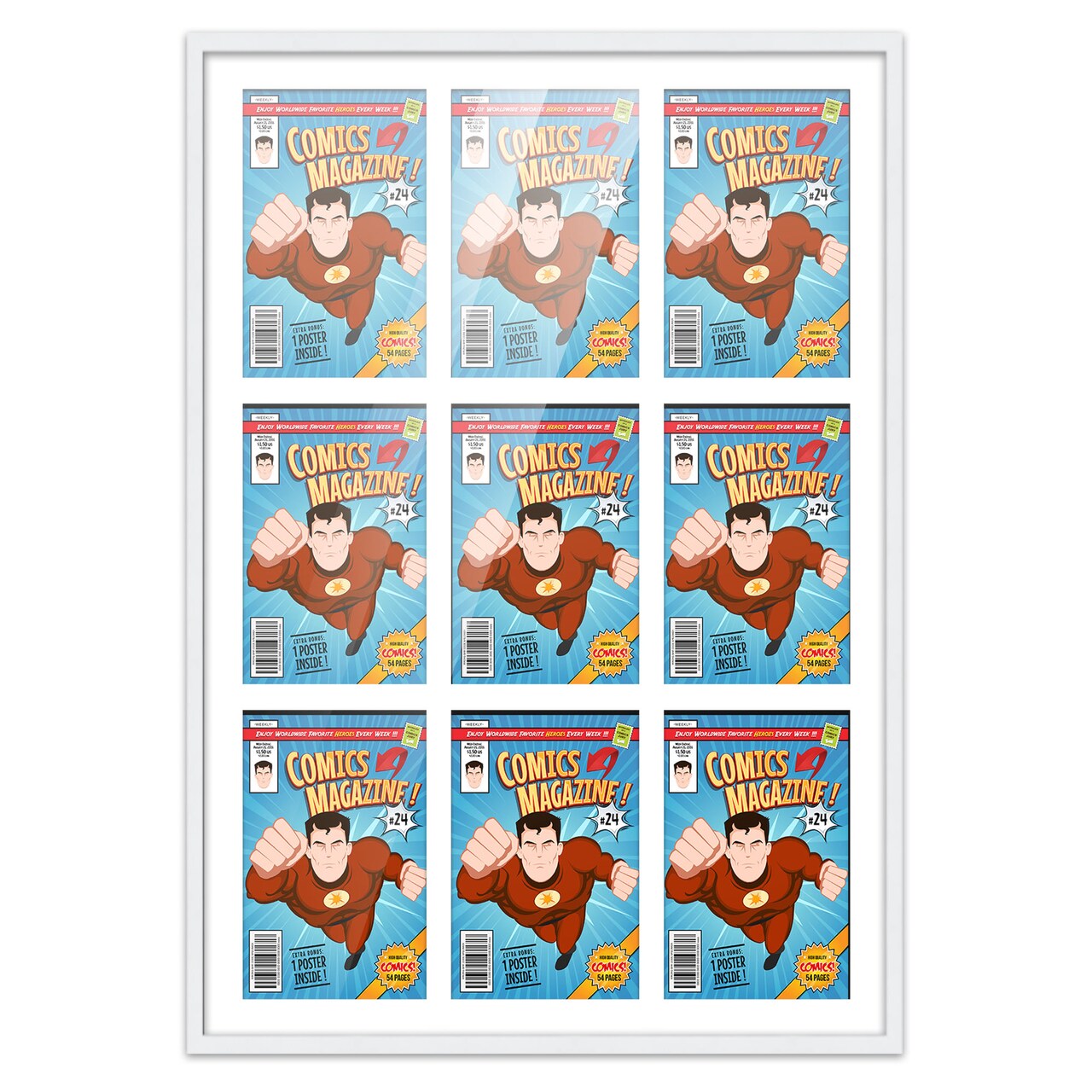 Comic Book Frame with Mat for 9 Current Era Comics Published After 1985 - White Wood Comic Frame With White Mat for 6.875x10.5 Comics - 29x38.5 Frame Size